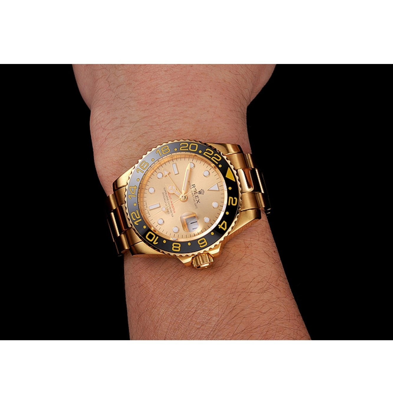 Best AAA Replica Sites II Gold Black Bezel Master Swiss Bracelet Gold Dial 1453749 GMT And Rolex Case 0711